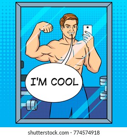 Body builder guy is making selfie in the mirror pop art retro vector illustration. Comic book style imitation.