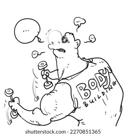body builder hard working with dumbbells, line art funny cartoon character on white background in separate layers