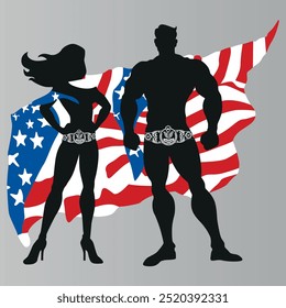 Silhuetas de homem e mulher construtoras do corpo com cintos pretos. Bandeira americana no fundo com ilustração de fisiculturistas. Menino faixa preta com menina posando silhuetas 