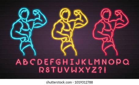 Body Builder Neon Light Glowing Silhouette Fitness Club Gym. Alphabet Neon Light Red Colour