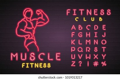 Body Builder Neon Light Glowing Silhouette Fitness Club Gym Muscle with Alphabet Neon Light Red Colour Bright