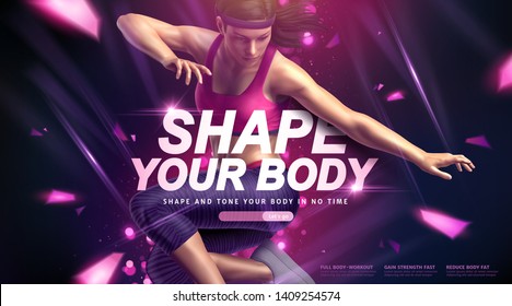 Body building class with dancing woman in 3d illustration, sparkling effect