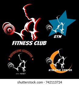 Body building emblem set with athletic man intensive training. Vector illustration