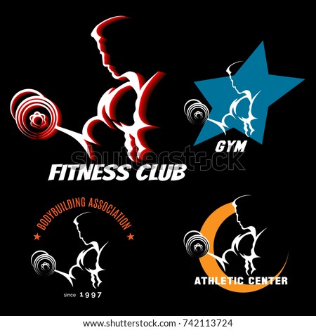 Body building emblem set with athletic man intensive training. Vector illustration