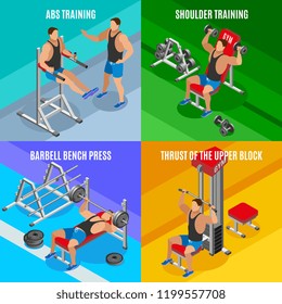 Body building isometric design concept men during workout on various exercise equipment isolated vector illustration