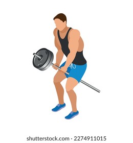 Body building isometric icon with male sportsman with barbell 3d vector illustration