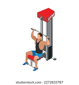 Body building isometric icon with man doing weight training at gym 3d vector illustration