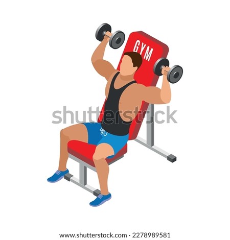 Body building isometric icon with man doing workout with dumbbells at gym 3d vector illustration