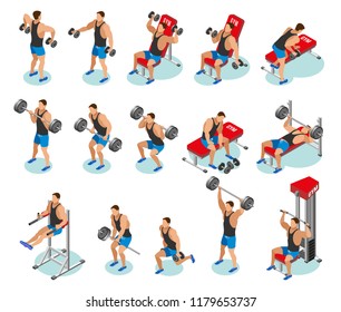 Body Building Isometric Icons With Athletes During Workout With Weights And On Exercise Equipment Isolated Vector Illustration