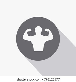 Body building man fitness exercise and weight lifting vector icon with flat shadow
