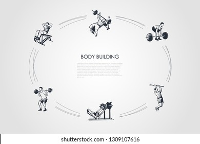 Body building - man making exercises with barbell in gym vector concept set. Hand drawn sketch isolated illustration