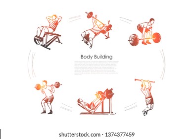 Body building - man making exercises with barbell in gym vector concept set