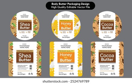 Body butter label design, Shea butter Milk honey cocoa butter label packaging design, Skin care cream cosmetic product label design, editable vector illustration template