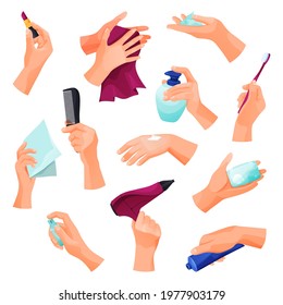 Body care and beauty, hand icons set. Hand holds toothpaste and brush, hand cream, hair dryer and comb, spray, napkin, soap, towel, lipstick. Vector elements, self-care or personal care actions.