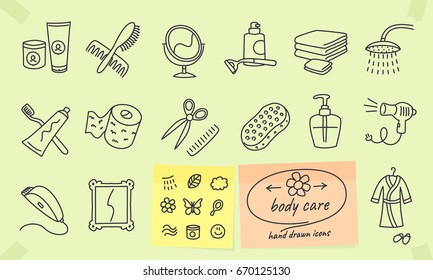 Body care and beauty products hand drawn icons. Full vector illustrations with editable strokes.