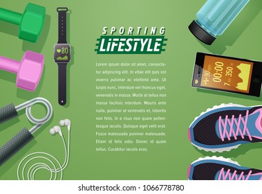 Body care concept. Fitness outfit on a green background top view. Set of sport equipment, active lifestyle.