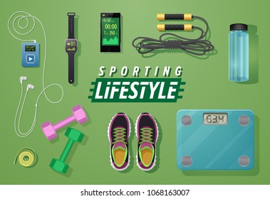 Body care concept. Fitness outfit on a green background top view. Set of sport equipment, active lifestyle.