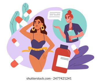 Concepto de cuidado corporal. Chica joven en traje de baño cerca de productos cosméticos y píldoras para la pérdida de peso. Estilo de vida saludable, dieta adecuada y nutrición. Fitness y entrenamiento. Ilustración vectorial plana de dibujos animados