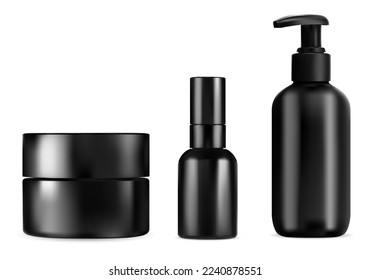 Body care cosmetic bottle set. Black shampoo dispenser, gel or soap product blank. Men hygiene packaging design. Moisturizer cream jar, shower and spa beauty products mockup, vector