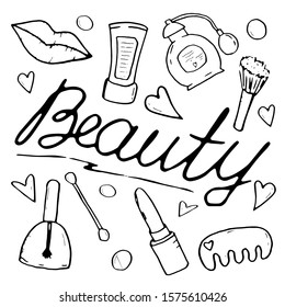 Body care cosmetic products. Beauty coloring set. Doodle cartoon isolated elements. Trendy glamour fashion style. BEAUTY lettering, perfume, lipstic, , brush, comb, lip, nail polish. Good for poster.