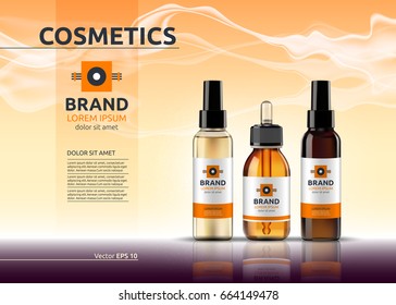 Body care cosmetic set serum, oil and cream ads template. Hydrating facial or body lotions. Mock up 3D Realistic illustration. Sparkling deep red