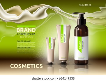 Body care cosmetic set serum and cream ads template. Hydrating facial or body lotions. Mockup 3D Realistic illustration. Sparkling greenery