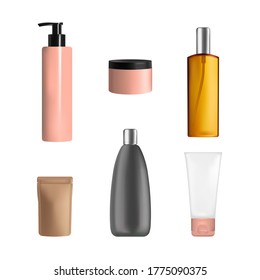 Body care cosmetics packaging mock up set, vector isolated illustration. Realistic plastic jar, tube, spray and pump bottles, stand up bag for cream lotion, gel, cosmetic milk other skincare products.