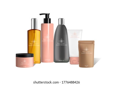 Body care cosmetics packaging vector mock up set. Realistic beauty and skin care products plastic containers bottle, tube, jar, stand up pouch bag for cream, shower gel lotion oil scrub salt for bath.