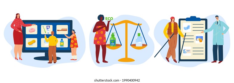 Conjunto de diseño de cuidado corporal, ilustración vectorial, personaje de profesora en la lección, muestra productos de belleza para el procedimiento de higiene para niños.
