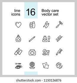 Body care icons. Set of line icons. Lipstick, powder, pillow. Beauty concept. Vector illustration can be used for topics like cosmetics, hygiene, beautician