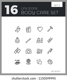 Body care icons. Set of line icons. Lipstick, powder, pillow. Beauty concept. Vector illustration can be used for topics like cosmetics, hygiene, beautician