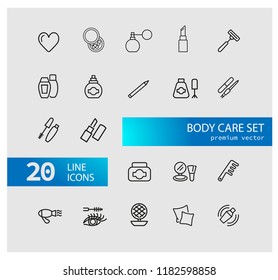 Body care icons. Set of line icons. Lipstick, powder, pillow. Beauty concept. Vector illustration can be used for topics like cosmetics, hygiene, beautician