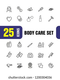 Body care icons. Set of line icons. Lipstick, powder, pillow. Beauty concept. Vector illustration can be used for topics like cosmetics, hygiene, beautician