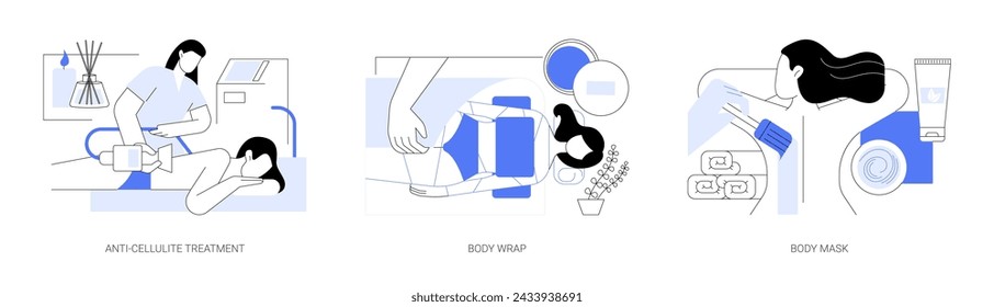 Body care isolated cartoon vector illustrations set. Professional anti-cellulite massage, body wrap beauty procedure, beauty salon, apply cleansing mask, spa skin treatment vector cartoon.