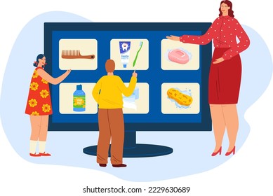 Body care for kids lesson vector illustration, woman teacher at lesson, show children beauty products for hygiene procedure