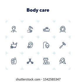 Body care line icon set. Problem skin, roll deodorant, scissors, shower. Beautician concept. Can be used for topics like hygiene, skin care, spa salon