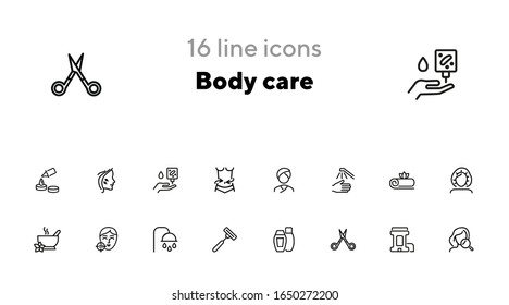 Body care line icon set. Problem skin, roll deodorant, scissors, shower. Beautician concept. Can be used for topics like hygiene, skin care, spa salon