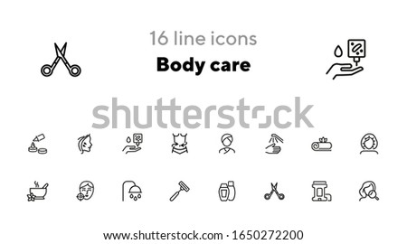 Body care line icon set. Problem skin, roll deodorant, scissors, shower. Beautician concept. Can be used for topics like hygiene, skin care, spa salon