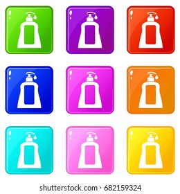 Body care lotion icons of 9 color set isolated vector illustration