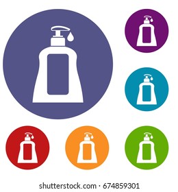 Body care lotion icons set in flat circle reb, blue and green color for web