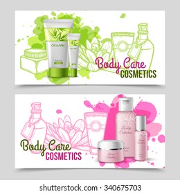 Body care luxury collection present set and eco green cosmetics products 2 banners  abstract  isolated vector illustration