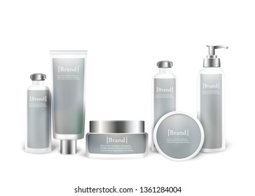 Body Care Mock Up Set. Hydration Cream and Lotion Bottles with Logo Label. Bottles and Tubes with Silver Caps for Oil, Cream, Ointment, Lotion. Cosmetic Vial, Flask. 3d Vector Realistic Illustration.