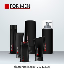 Body care products for men. Vector set.  Black  design plastic package with red element decorations. Shampoo, shaving foam, shaving gel, men's perfume, cream, deodorant.