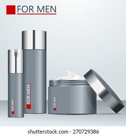 Body care products for men. Vector set. Grey design plastic package. Shaving foam, men's perfume, cream. 