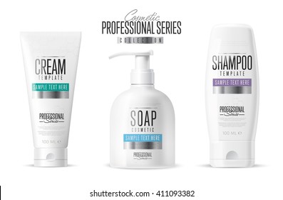 Body care professional series cosmetic brand concept. Tube cream, soap bottle, shampoo packaging.