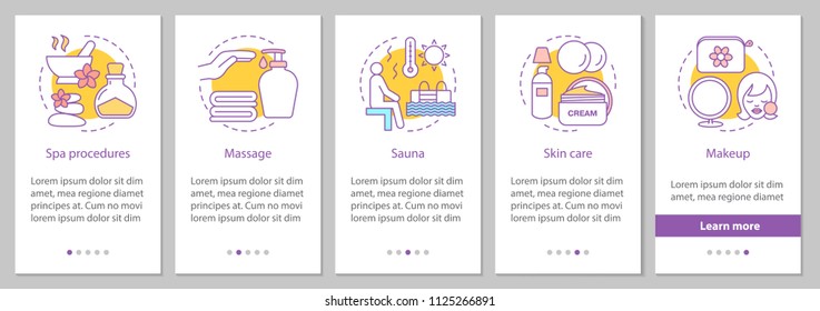 Body Care Services Onboarding Mobile App Page Screen With Linear Concepts. Spa, Massage, Sauna, Skin Care, Makeup Steps Graphic Instructions. UX, UI, GUI Vector Template With Illustrations