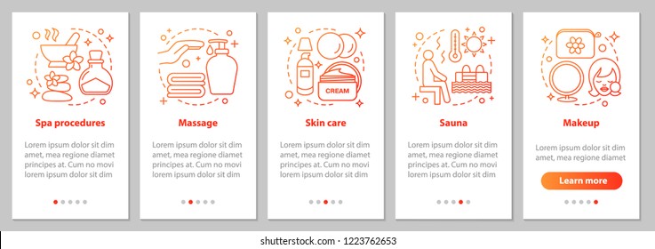 Body Care Services Onboarding Mobile App Page Screen With Linear Concepts. Spa, Massage, Sauna, Skin Care, Makeup Steps Graphic Instructions. UX, UI, GUI Vector Template With Illustrations