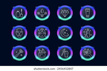 Body care set icon. Face mask, Korean cosmetics, H2O, water, diamond, sparkles, cream, oil, liquid soap, moon, stars, hand, pipette, razor, beauty, glassmorphism. Appearance care concept.