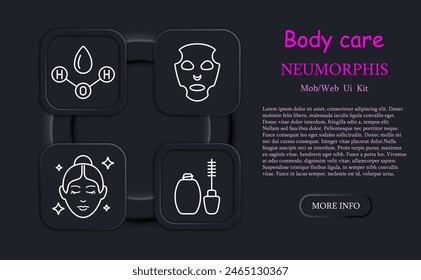 Body care set icon. Face mask, Korean cosmetics, H2O, water, diamond, sparkles, cream, oil, liquid soap, moon, stars, neomorphism, hand, pipette, razor, beauty. Appearance care concept.