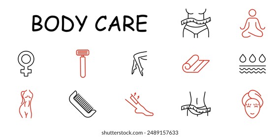 Body care set icon. Razor, comb, lotion, yoga, towel, bath, fitness, skin, wellness, legs, female, beauty, health, grooming.